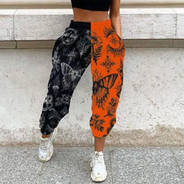 Effortless Everyday Wear Women's Casual Black & Orange Print Elastic Waist Pocket Wide Leg Pants
