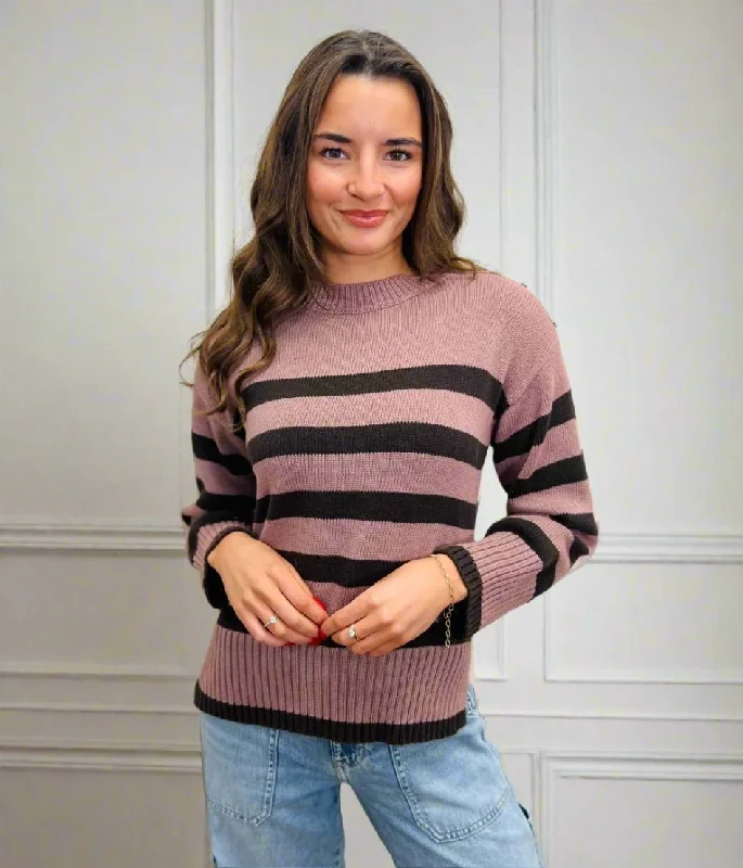 Comfort Centric Apparel Pink Striped Button Shoulder Jumper