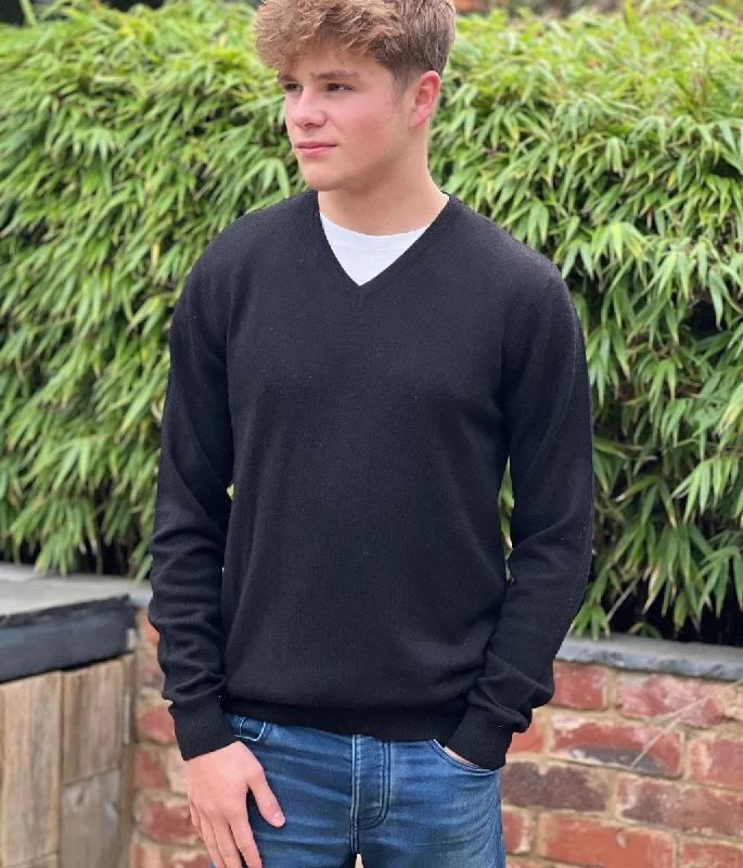 Runway Inspired Wear Men's Black Wool Rich V Neck Jumper