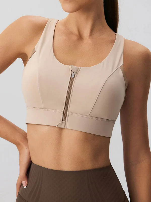 Luxury Women’s Clothing Khaki Front-Zip Sports Bra - High Support