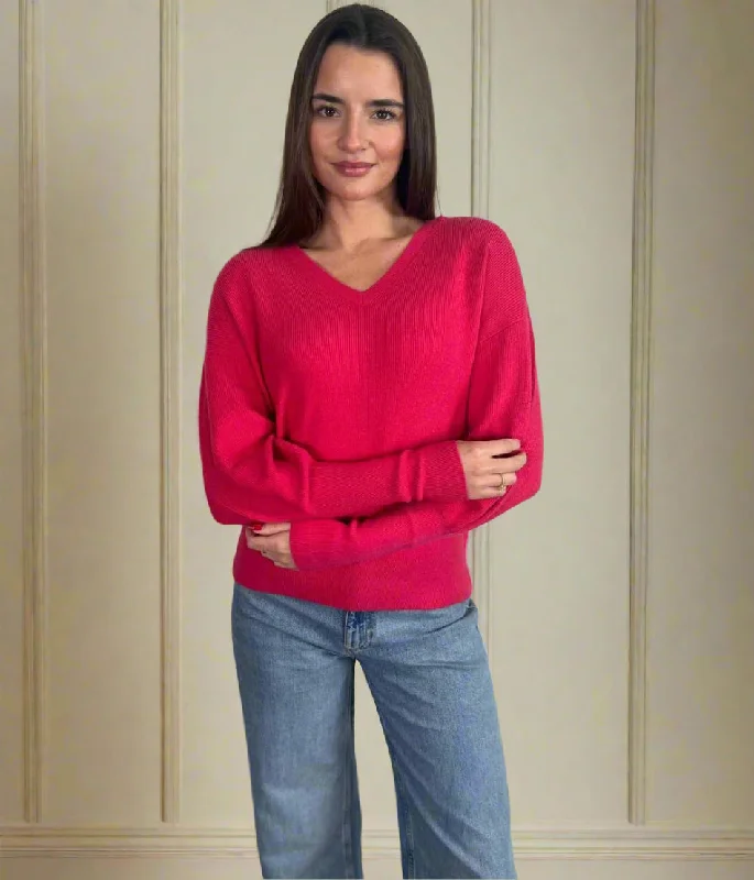 Modern Women’s Fashion with Vintage Touches Pink Fine Ribbed V Neck Jumper