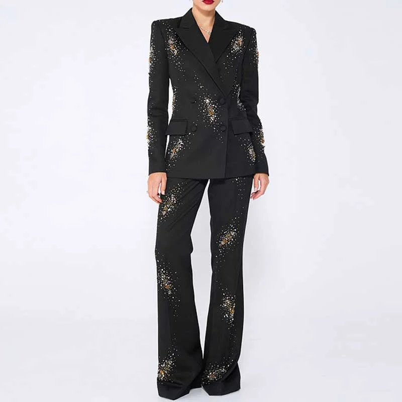 Premium Fabrics Women's Crystal Embellished Flared Pantsuit Black 2ps Formal Suit