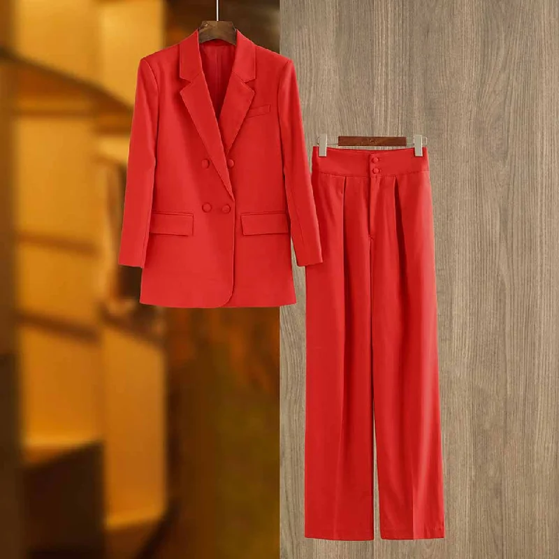 Women's Clothing Boutique Double Breasted Red Pantsuit Blazer + Wide Leg Trousers Suit Formal Wear