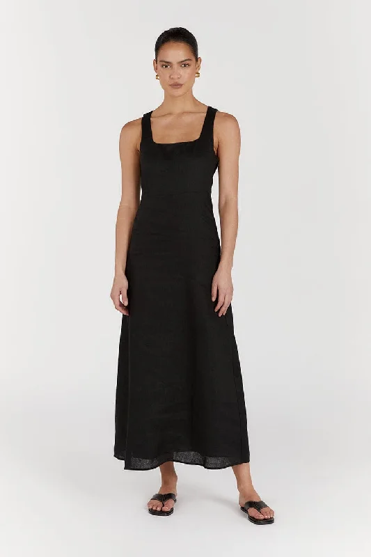 Your Timeless Wardrobe Awaits SHANNON BLACK LINEN MIDI DRESS