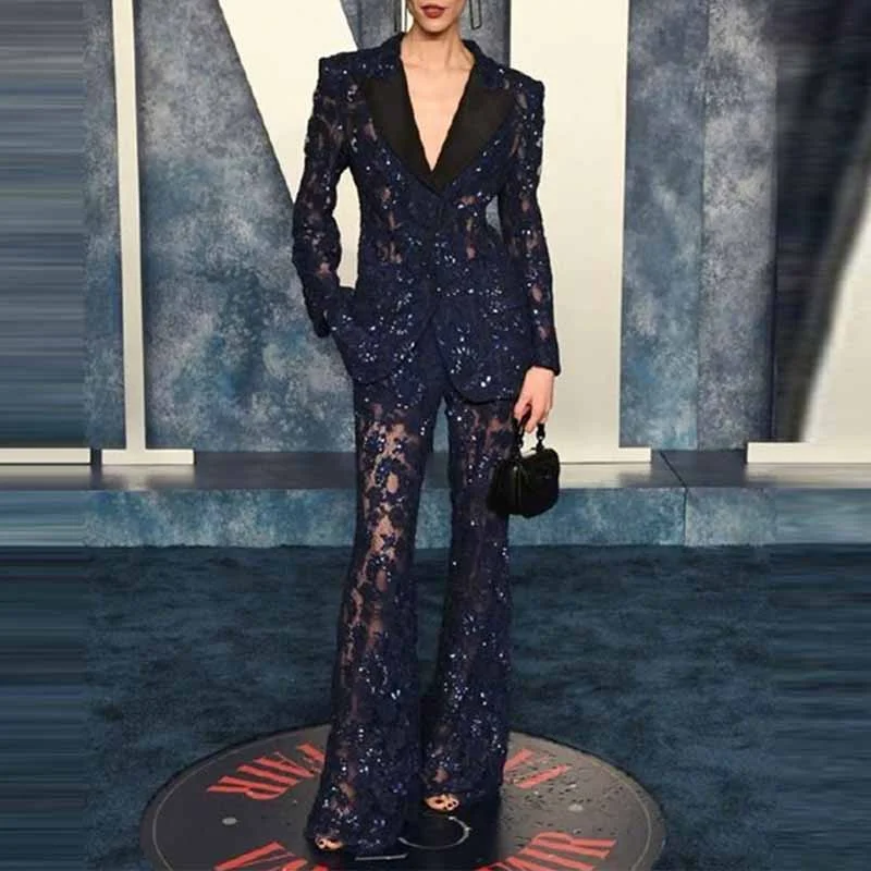 Flash Discount Women's Navy Blue Sequin Laced Blazer Suit Two Pieces Formal Pantsuit