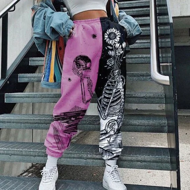 Step Ahead, Lead The Trend Women's Casual Pink & Black Skull Print Elastic Waist Pocket Wide Leg Pants