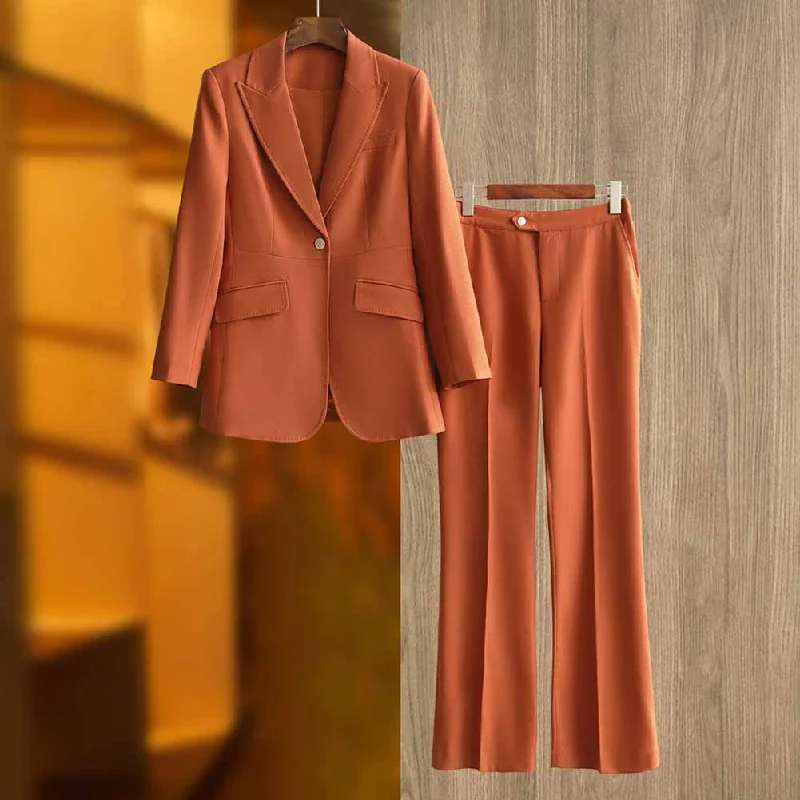 Online Boutiques One Button Rust Orange Pantsuit Formal Suit Mid-High Rise Trousers Suit 2 Pieces Pantsuit