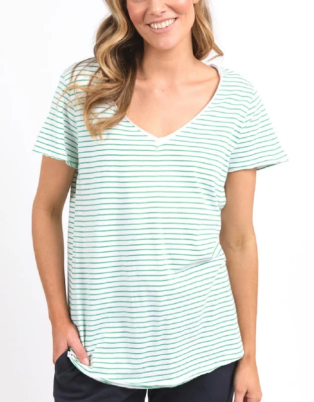 Trendy Women’s Apparel Remi Stripe Vee Tee - White/Green Stripe