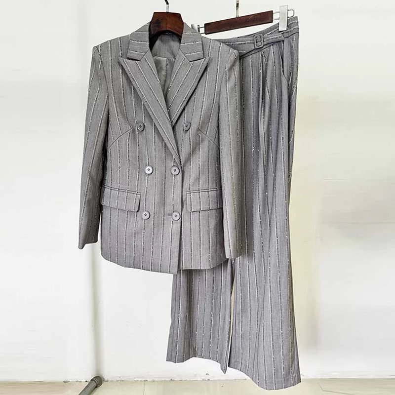 Chic Trends For The Fashion Savvy Grey Beaded Stripe Embellished Pantsuit Double Breasted Wide Length Women Suit