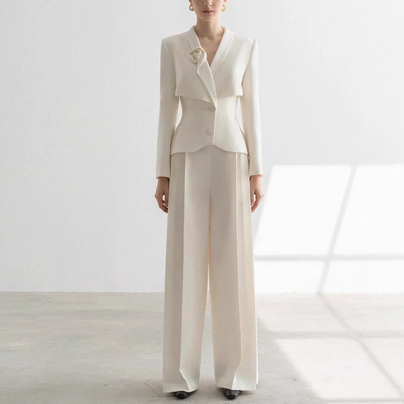 Fashion Essentials Women's Wide-Leg Formal Suit Blazer Trousers Set Event Pantsuit