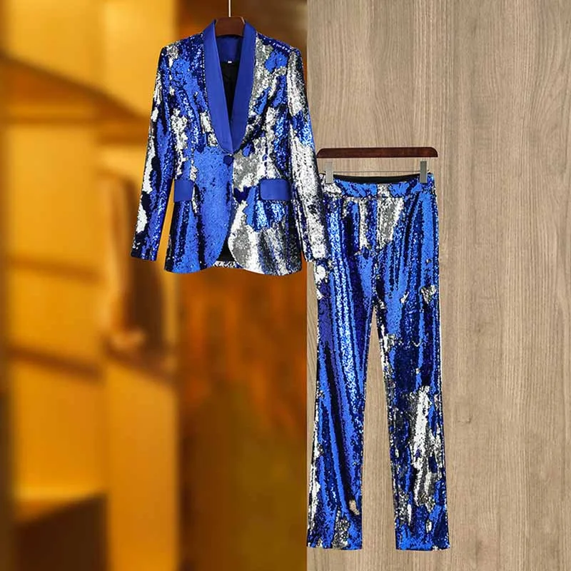 Weekend Sale Blue Sequinted Suit Deep V Party Pantsuit Stage Performance Two Pieces Suit