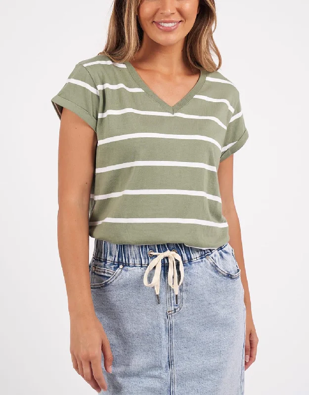 Plus Size Women’s Fashion Manly Stripe Vee Tee - Sage/White Stripe