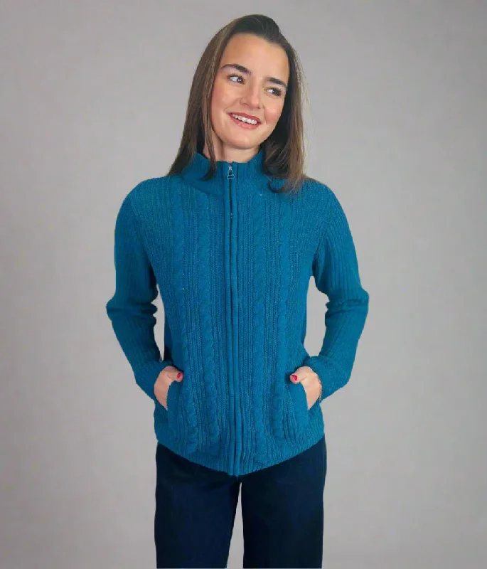 Chic Women’s Outfit Ideas Teal Chenille Cable Zip Cardigan