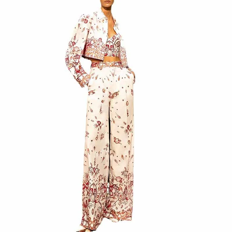 Versatile Wardrobe Essentials Wide-Leg 3-Piece Suit Womens Floral suit, Pantsuit Crop Bra Top Blazer Pant Suit