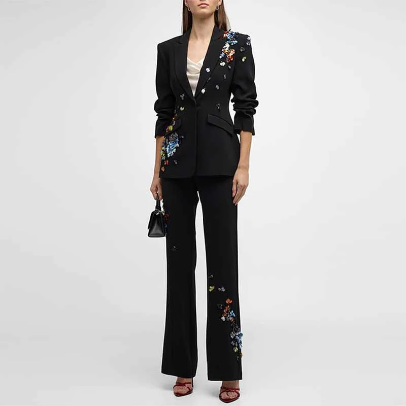 Special Occasion Wear Sequin Flower Embellished Pantsuit Black Slim Fit Set Formal Suit