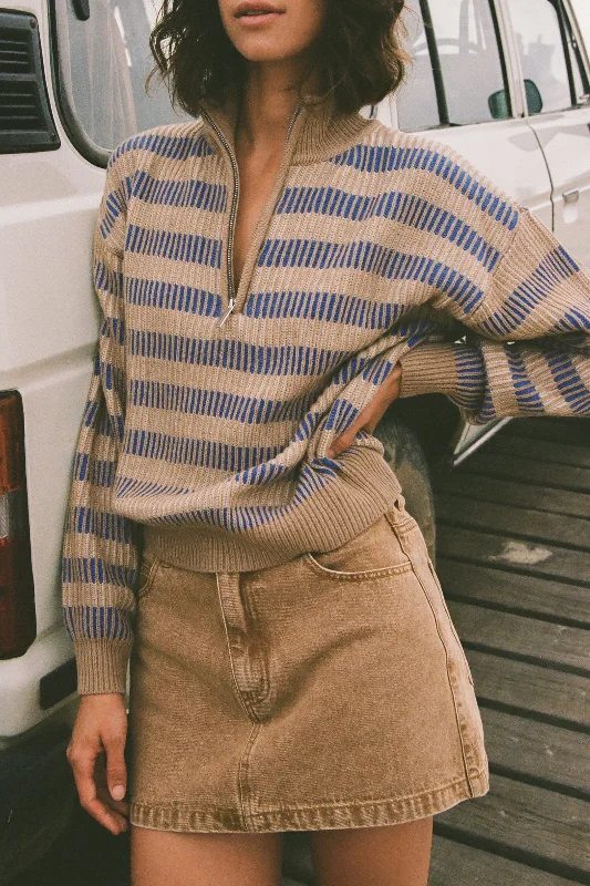 Clearance Event Estelle Quarter Zip Striped Knit Cobalt