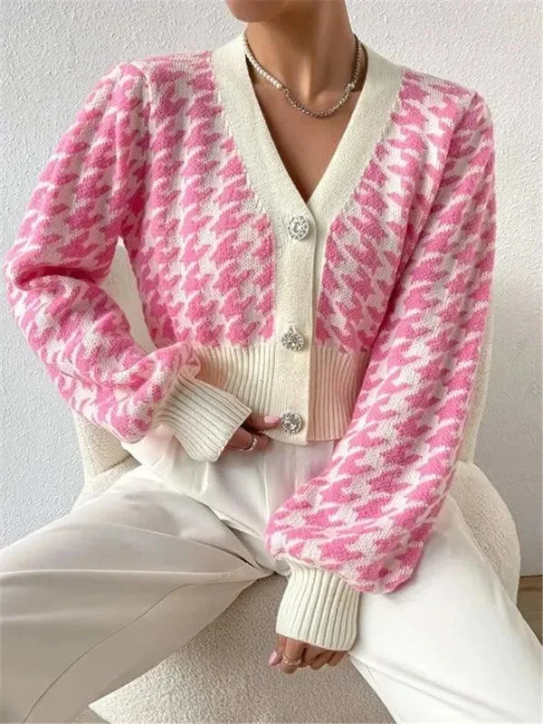 Style Revolution Houndstooth Lantern Sleeve Cardigan Sweater