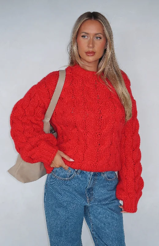 Women’s Trendy Outfits Real Feelings Oversized Knit Sweater Cherry Red